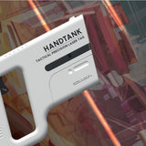 White Sharper Image Handtank laser tag blaster with black accents, "HANDTANK" text, and battery compartment details.