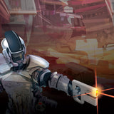 Futuristic laser tag player in white and black armor, aiming a white Handtank laser blaster with an orange beam.
