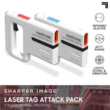 Two white Sharper Image Handtank laser tag blasters, one with red lights, one with blue, showing tactical precision features.