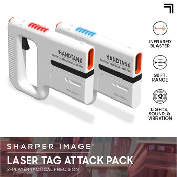 Two white Sharper Image Handtank laser tag blasters, one with red lights, one with blue, showing tactical precision features.