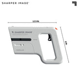 White Sharper Image laser tag blaster, 12.5 inches long, with a black trigger and orange power switch.