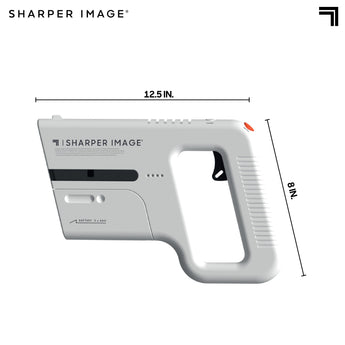 White Sharper Image laser tag blaster, 12.5 inches long, with a black trigger and orange power switch.