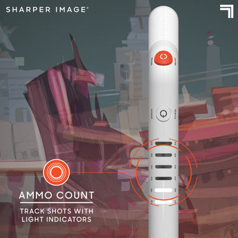 White Sharper Image laser tag blaster with red reload button and ammo count light indicators.