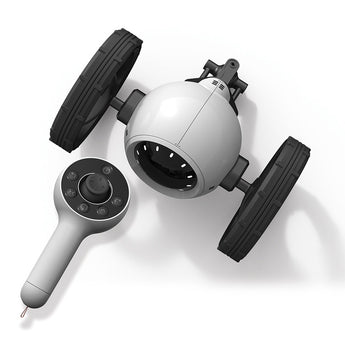 White Sharper Image RC Jumping Car toy with large black wheels and a matching one-handed remote control.