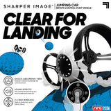 White Sharper Image RC Jumping Car with large black tires and LED lights, shown jumping over blue terrain.