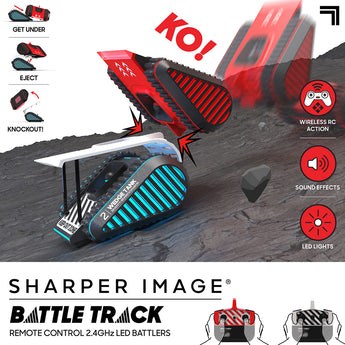 Sharper Image RC Battle Wedge Tanks in red and blue with LED lights, showing a red tank ejecting a blue tank.