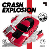 Red Sharper Image RC Demolition Car with pop-off hood and ejecting side door, showing crash features.