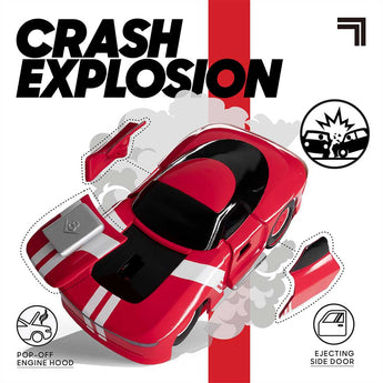 Red Sharper Image RC Demolition Car with pop-off hood and ejecting side door, showing crash features.