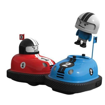 Two Sharper Image RC Speed Bumper Road Rage cars, one red and one blue, with drivers, mid-action.