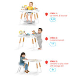 White and natural wood Skip Hop Discoverosity 3-stage activity center with baby, toddler, and child.