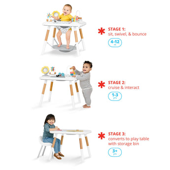 White and natural wood Skip Hop Discoverosity 3-stage activity center with baby, toddler, and child.