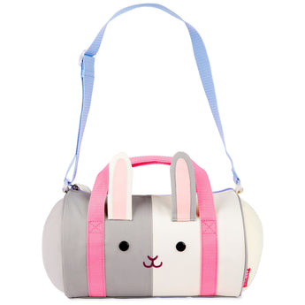 Skip Hop Duffimals kids' duffle bag, a cute gray and white bunny with pink ears and handles, blue strap.