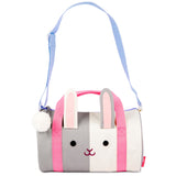 Skip Hop Duffimals kids' duffle bag, a gray and white bunny with pink ears and straps, blue shoulder strap, and white pom-pom.