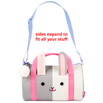 Skip Hop Duffimals kids' duffle bag, a gray and white bunny with pink ears and handles, expandable sides, and a blue strap.