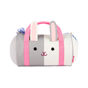 Skip Hop Duffimals kids duffle bag, a cute gray and white expandable bunny travel bag with pink straps.