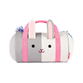Skip Hop Duffimals kids duffle bag, a cute gray and white expandable bunny travel bag with pink straps.