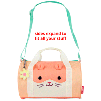 Peach Skip Hop Duffimals kids duffle bag with cute hamster face, expandable sides, white handles, and mint green strap.