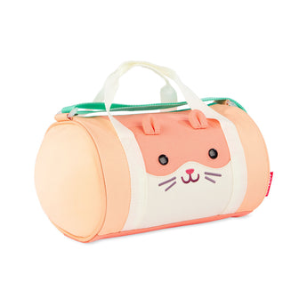 Skip Hop Duffimals kids duffle bag: peach expandable animal travel bag with cute cat face.