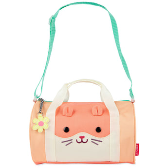 Peach Skip Hop Duffimals kids duffle bag with a cute hamster face, expandable sides, and a mint green strap.
