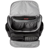 Open black quilted Skip Hop Forma backpack nappy bag with grey lining, multiple pockets, and packing cubes.