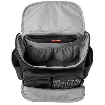 Open black quilted Skip Hop Forma backpack nappy bag with grey lining, multiple pockets, and packing cubes.
