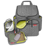 Gray quilted Skip Hop Forma backpack nappy bag with open pockets, packing cubes, and a baby bottle.