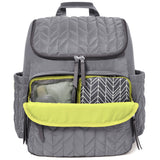 Gray quilted Skip Hop Forma nappy backpack with lime green interior and two packing cubes.