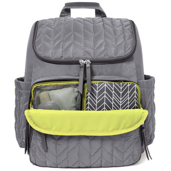 Gray quilted Skip Hop Forma nappy backpack with lime green interior and two packing cubes.
