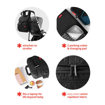 Black quilted Skip Hop Forma backpack diaper bag with stroller straps, packing cubes, and laptop sleeve.