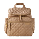 Skip Hop Forma quilted nude nappy bag backpack with gold zippers and side pockets.
