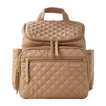 Skip Hop Forma quilted nude nappy bag backpack with gold zippers and side pockets.
