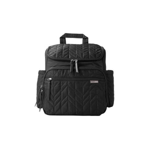 Black quilted Skip Hop Forma nappy bag backpack with multiple zippered pockets and top handle.