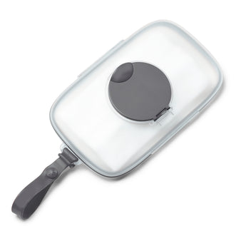 Clear Skip Hop Grab & Go Wipes Case with a dark gray lid and strap, angled on a white background.