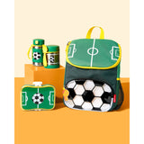 Skip Hop Spark Style soccer field design backpack, lunchbox, and stainless steel straw water bottle set.