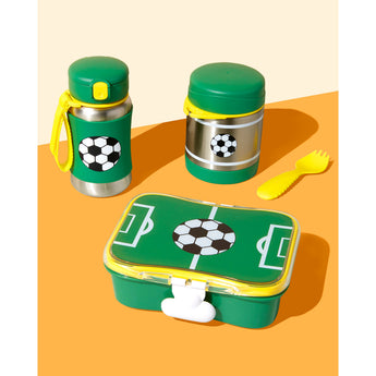 Green stainless steel kids' water bottle, food jar, and lunchbox with soccer ball design.