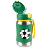 Skip Hop kids stainless steel straw water bottle with green soccer ball design and yellow strap.