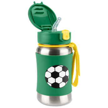 Skip Hop kids stainless steel straw water bottle with green soccer ball design and yellow strap.