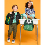 Two kids with Skip Hop soccer-themed green backpack and stainless steel straw water bottle.