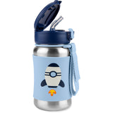 Kids' stainless steel water bottle with blue rocket design, pop-up straw, and carrying strap.