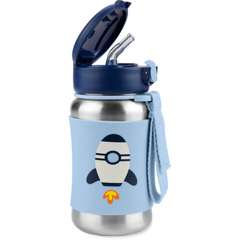 Kids' stainless steel water bottle with blue rocket design, pop-up straw, and carrying strap.