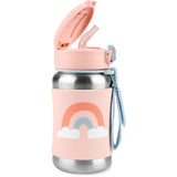 Pink Skip Hop stainless steel straw water bottle with a rainbow design, silicone sleeve, and blue strap.