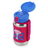 Skip Hop kids' stainless steel straw water bottle with a pink butterfly design and blue lid.