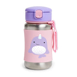 Skip Hop kids' stainless steel straw water bottle with a pink narwhal design and purple lid.