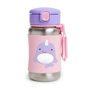 Skip Hop kids' stainless steel straw water bottle with a pink narwhal design and purple lid.