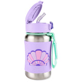 Kids' Skip Hop stainless steel straw water bottle with purple seashell design, pop-up lid, and green strap.
