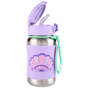 Kids' Skip Hop stainless steel straw water bottle with purple seashell design, pop-up lid, and green strap.