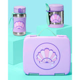 Skip Hop Spark Style seashell design kids' stainless steel straw bottle, food jar, and lunchbox set.