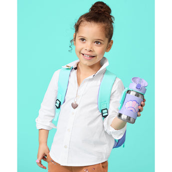 Young girl holding a purple Skip Hop stainless steel straw water bottle with a seashell design.