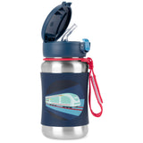 Skip Hop kids' stainless steel straw water bottle with a navy blue train design and red strap.