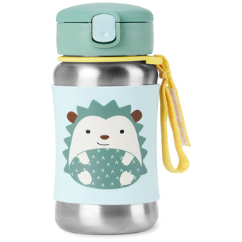 Skip Hop kids' stainless steel straw water bottle with a light blue hedgehog design and green lid.